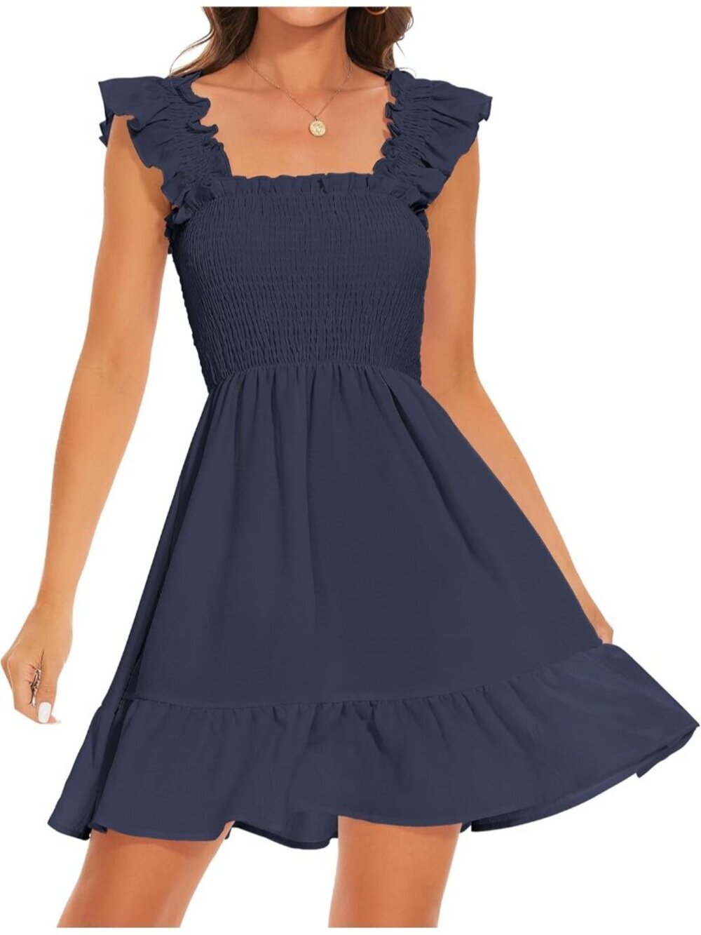 Women's Navy Smocked Dresses Square Neck Elegant Tiered Boho Ruffle Shoulder